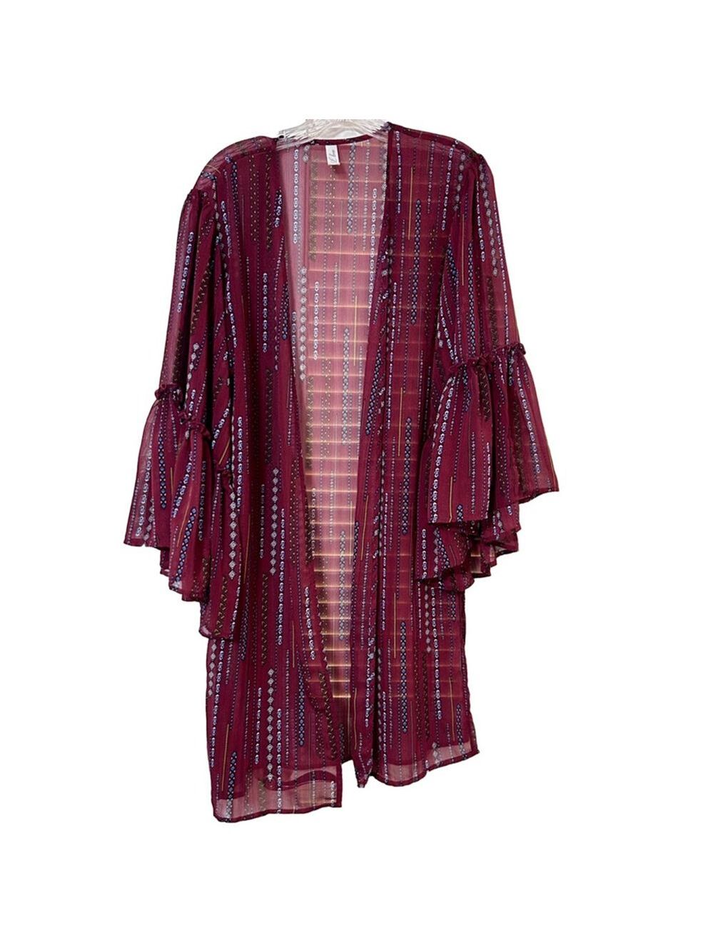 I Love Maroon Diamond Print Kimono Ruffle Sleeve Open Front Size S